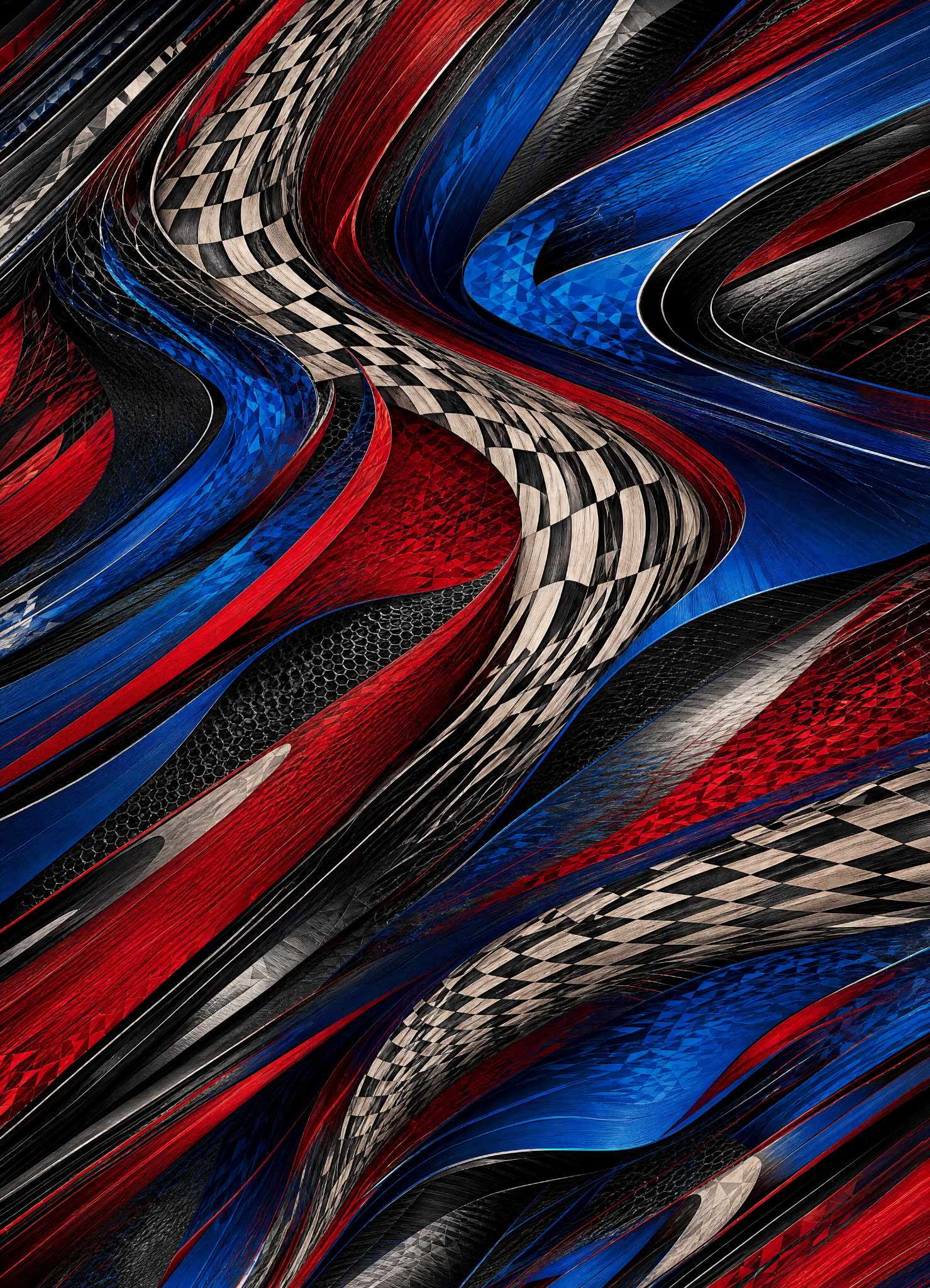 Original GRIDSHIFT artwork with red, cobalt, black, white, and checkered racing forms