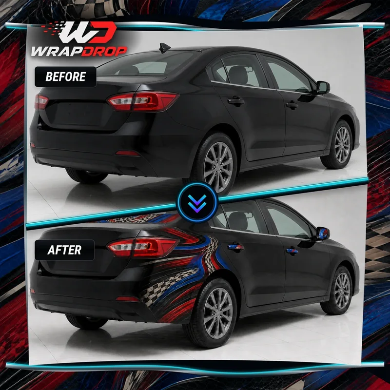 GRIDSHIFT before-and-after passenger rear-quarter transformation