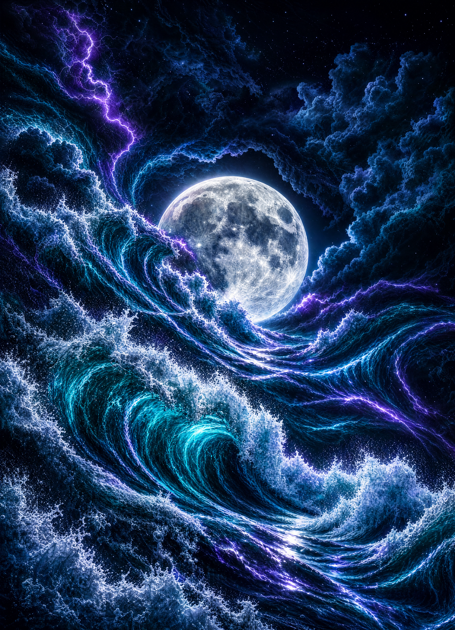 Original MOONTIDE artwork with a moonlit ocean and cyan-violet lightning