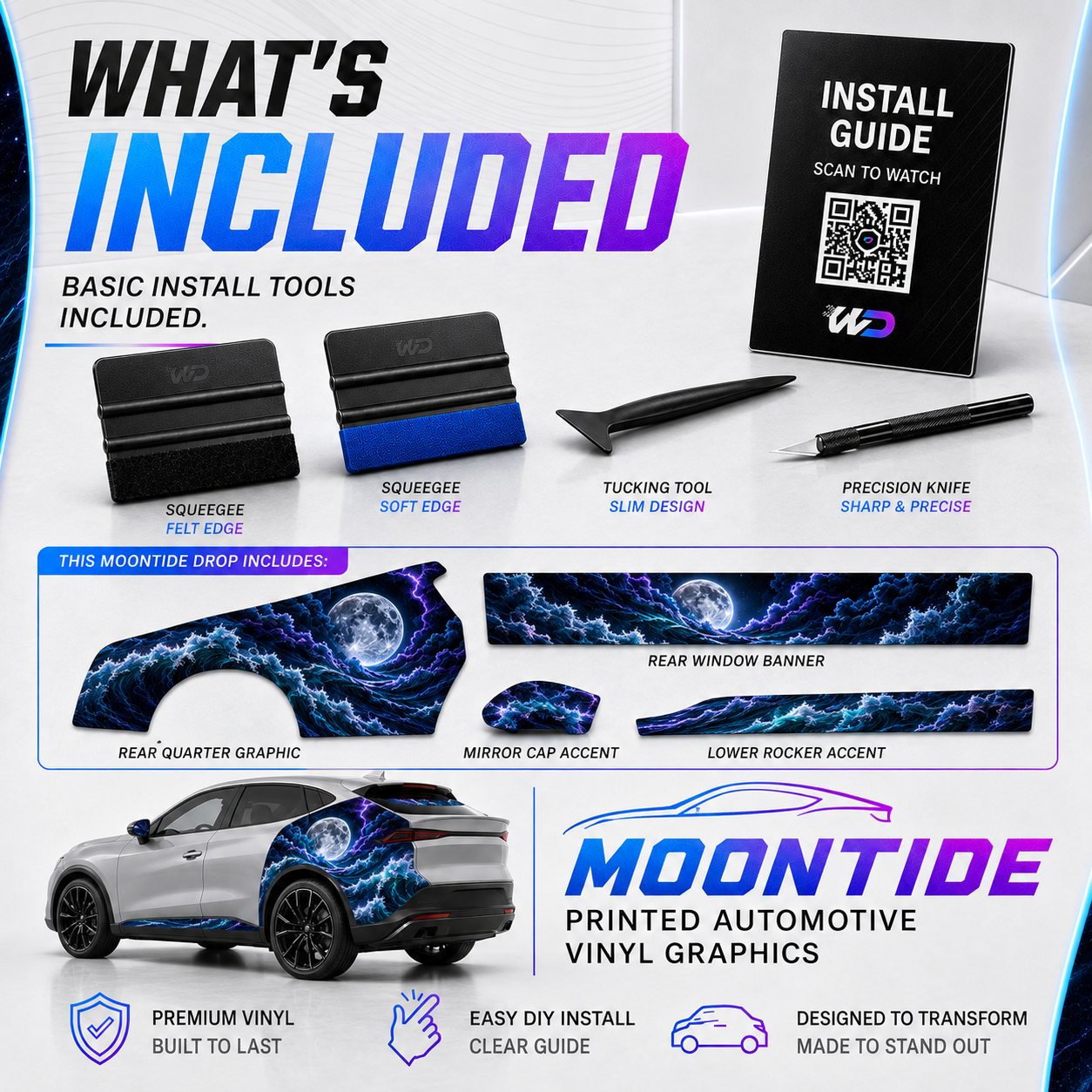 MOONTIDE kit overview showing the rear-quarter, rear-window, mirror-cap, and lower-rocker graphics