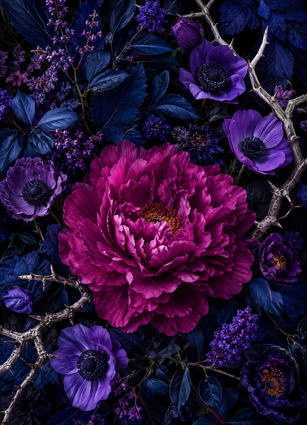Original NIGHTBLOOM artwork with a magenta peony and deep purple flowers