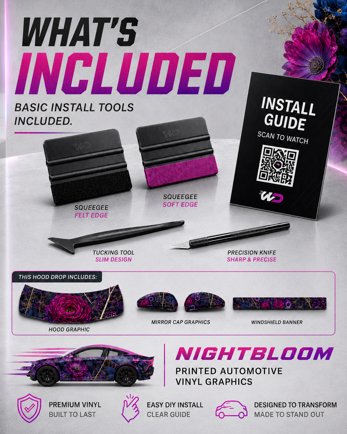 NIGHTBLOOM kit overview showing the hood, mirror-cap, and windshield-banner graphics