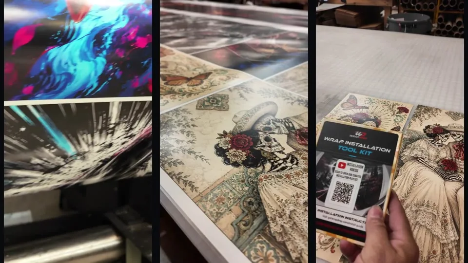 Pillar graphics being printed, laminated, and unpacked
