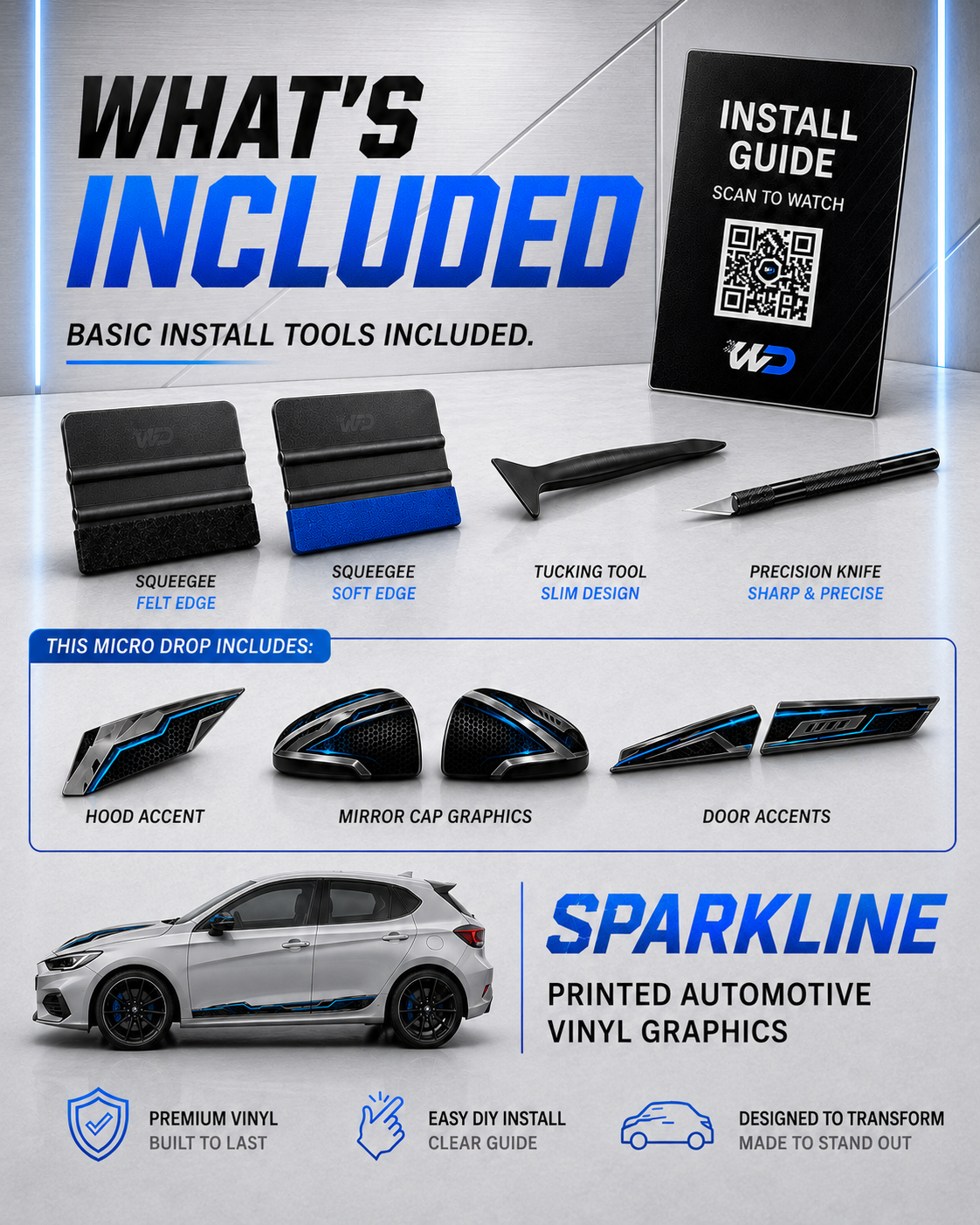 SPARKLINE Micro Drop kit overview showing the hood, mirror-cap, and door-accent graphics