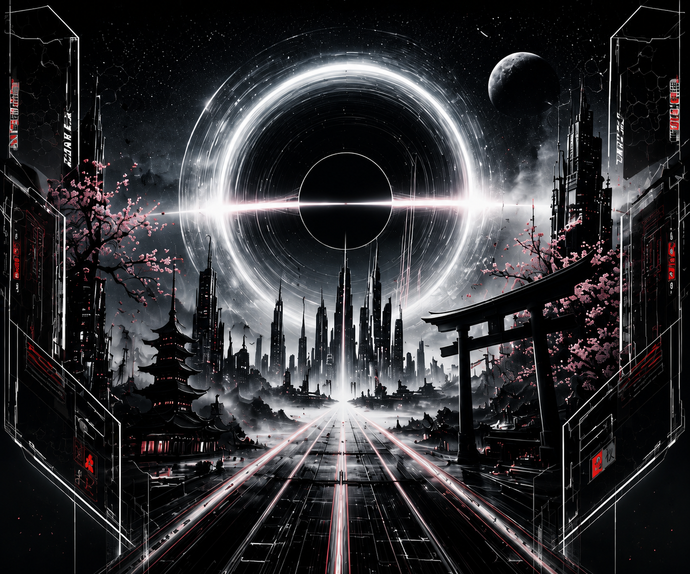 Original WARPDRIVE artwork showing a black orbital ring over a futuristic Japanese city