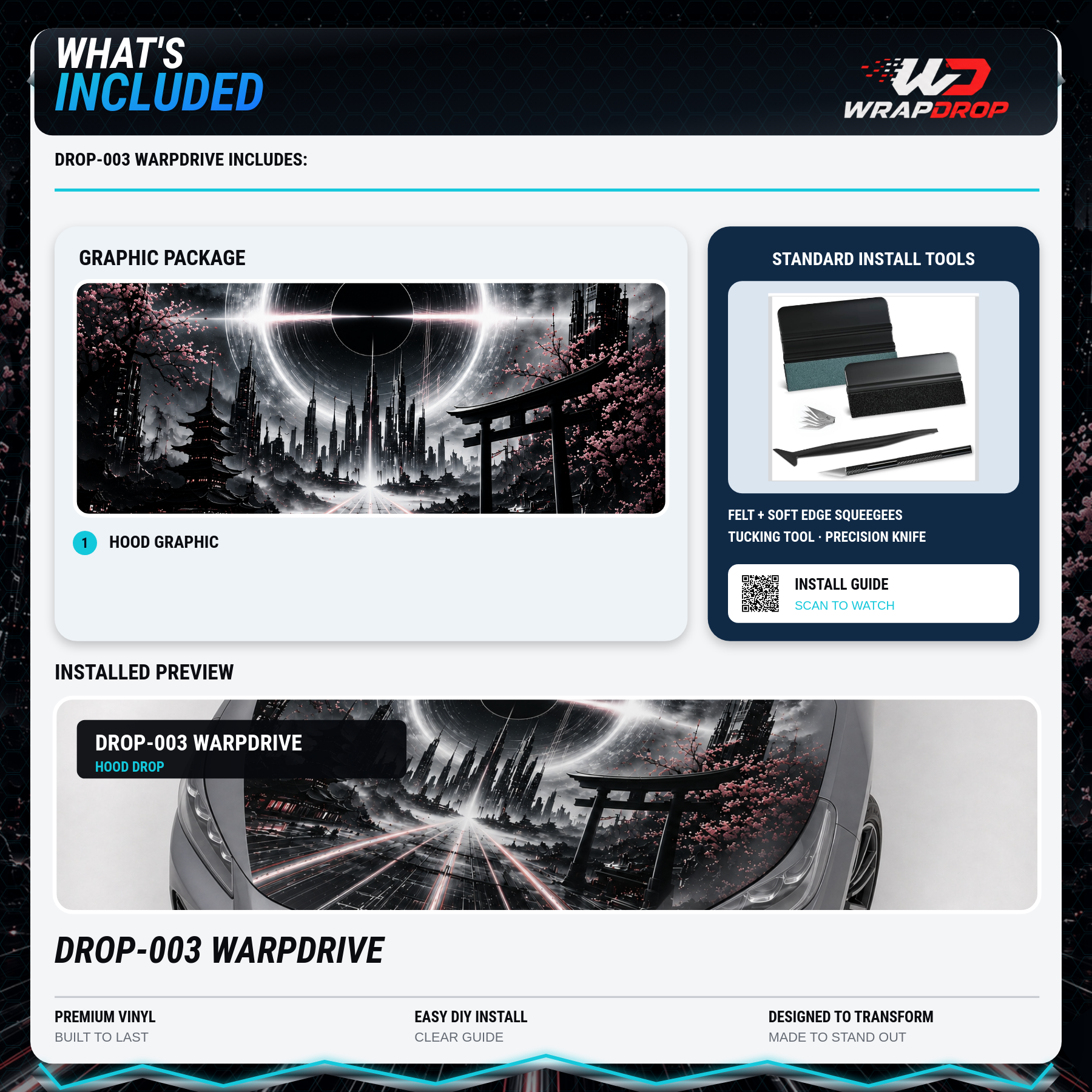 WARPDRIVE kit overview showing the hood graphic, application tools, and installation guide